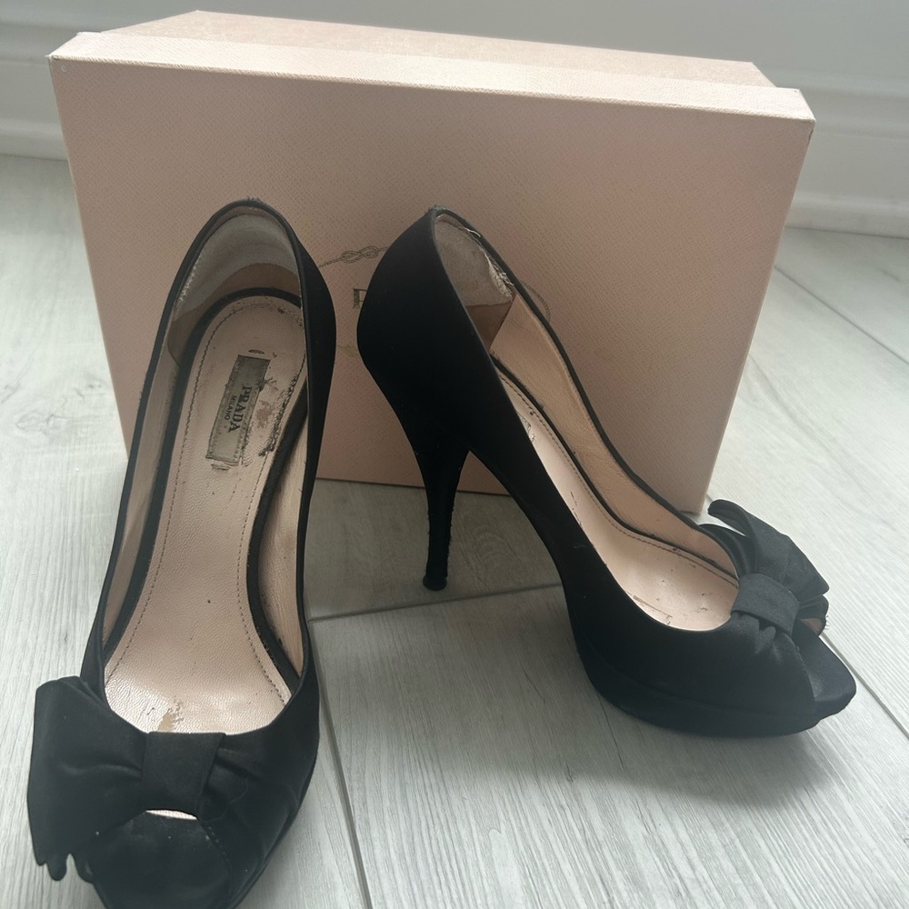Prada Black Bow Peep-Toe Heels